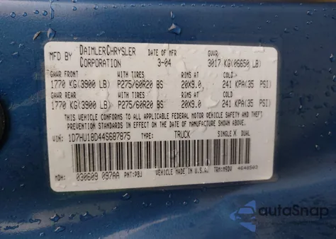 2004 Dodge Ram 1500 Slt/Laramie z USA, uszkodzony, nr VIN 1D7HU18D44S687875
